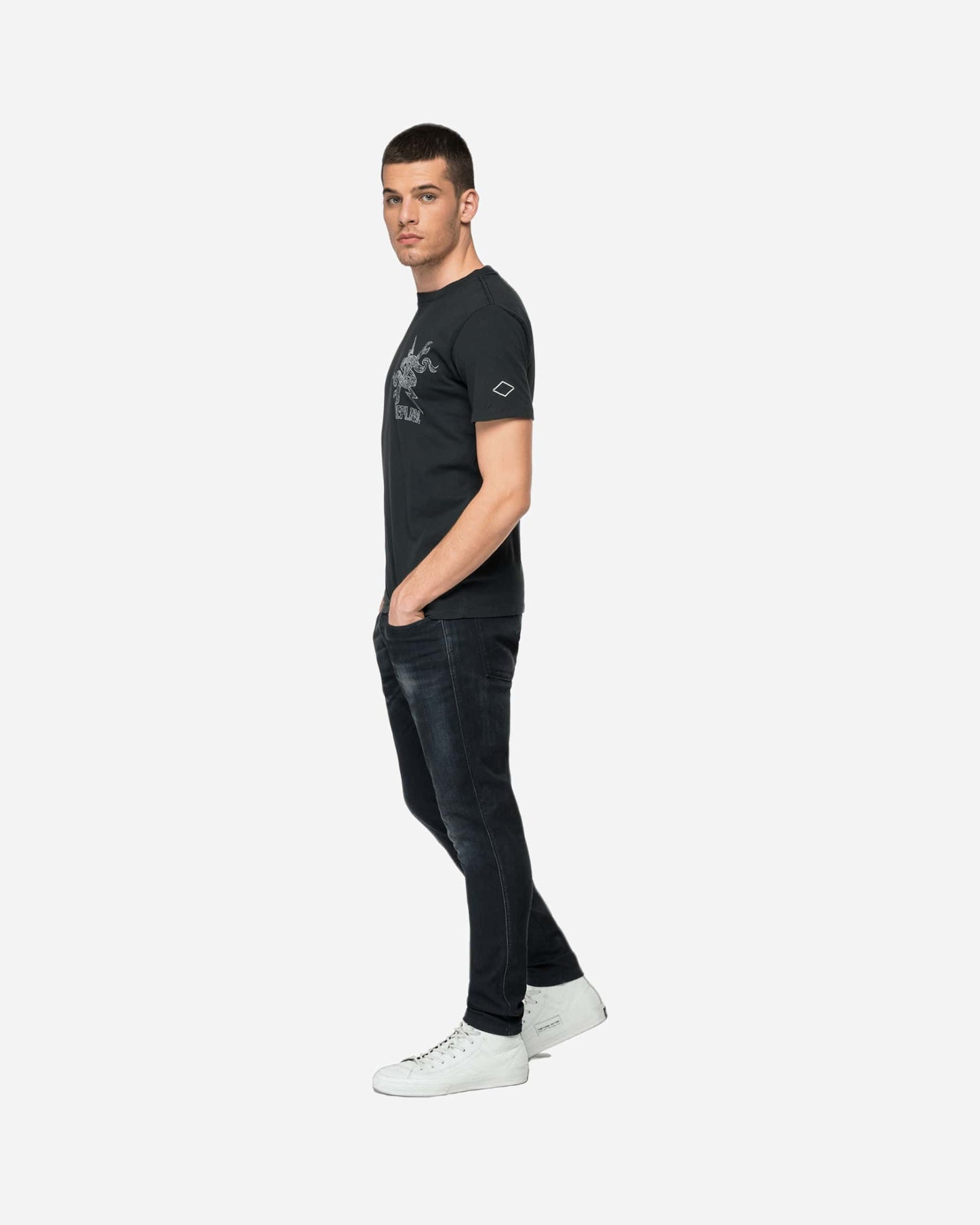 Crewneck Jersey T-Shirt With Replay Print