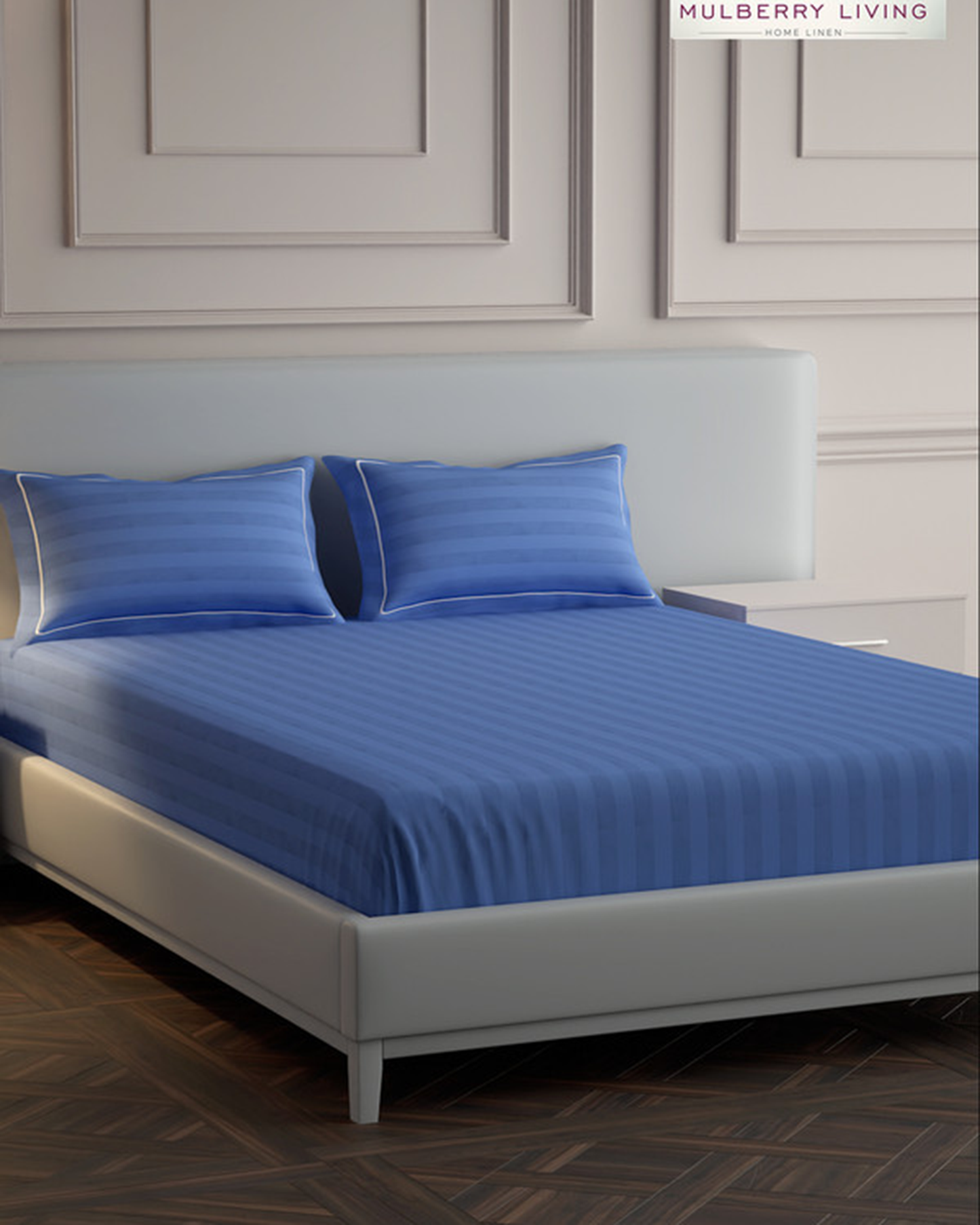 Mulberry Living Cotton Queen Fitted 300TC Elysian Stripes Mediterranean Blue