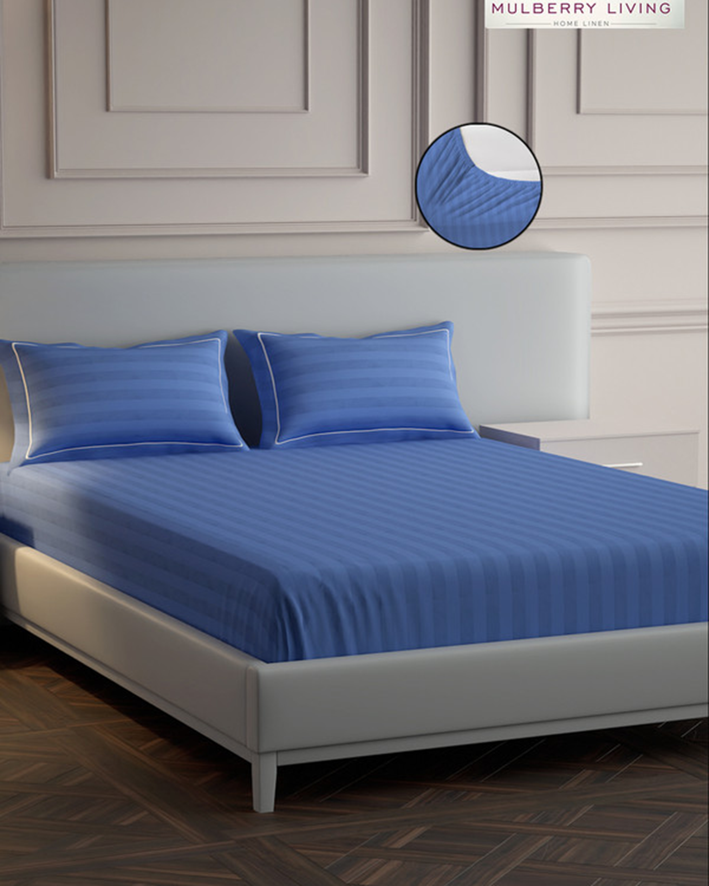 Mulberry Living Cotton Queen Fitted 300TC Elysian Stripes Mediterranean Blue