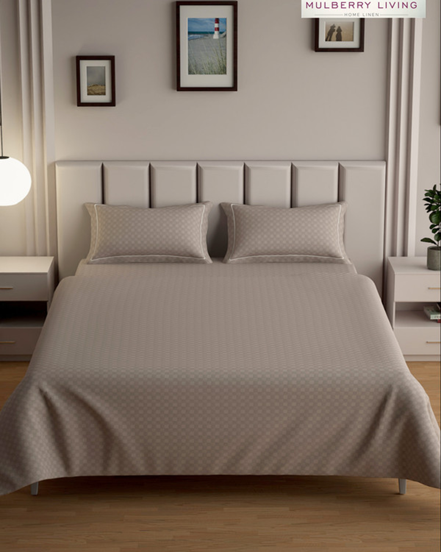 Mulberry Living Cotton Queen Flat 300TC Urban Grid Ivory