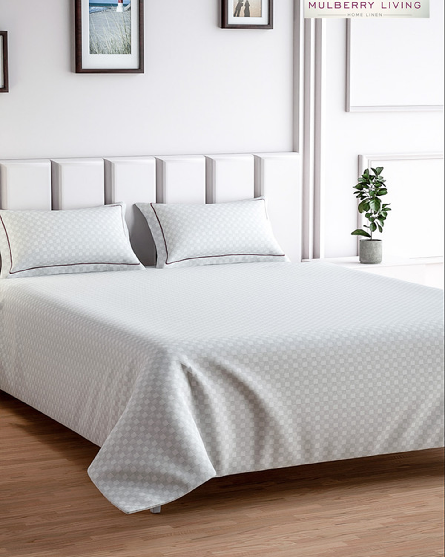 Mulberry Living Cotton Queen Flat 300TC Urban Grid Ivory