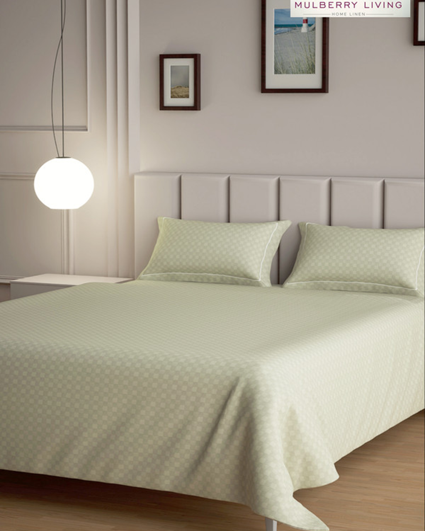 Mulberry Living Cotton Queen Flat 300TC Urban Grid Ivory