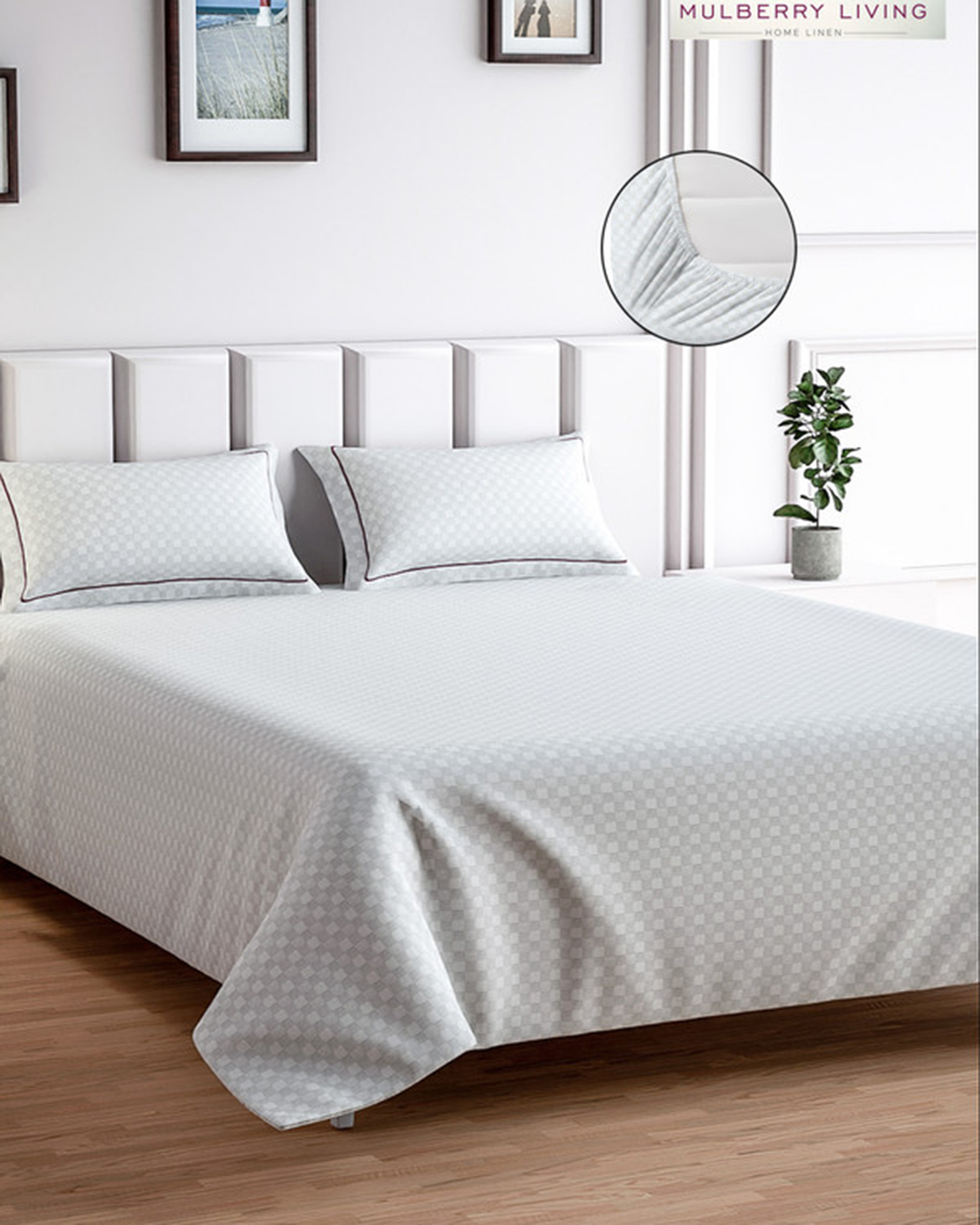 Cotton Queen Fitted 300TC Urban Grid White
