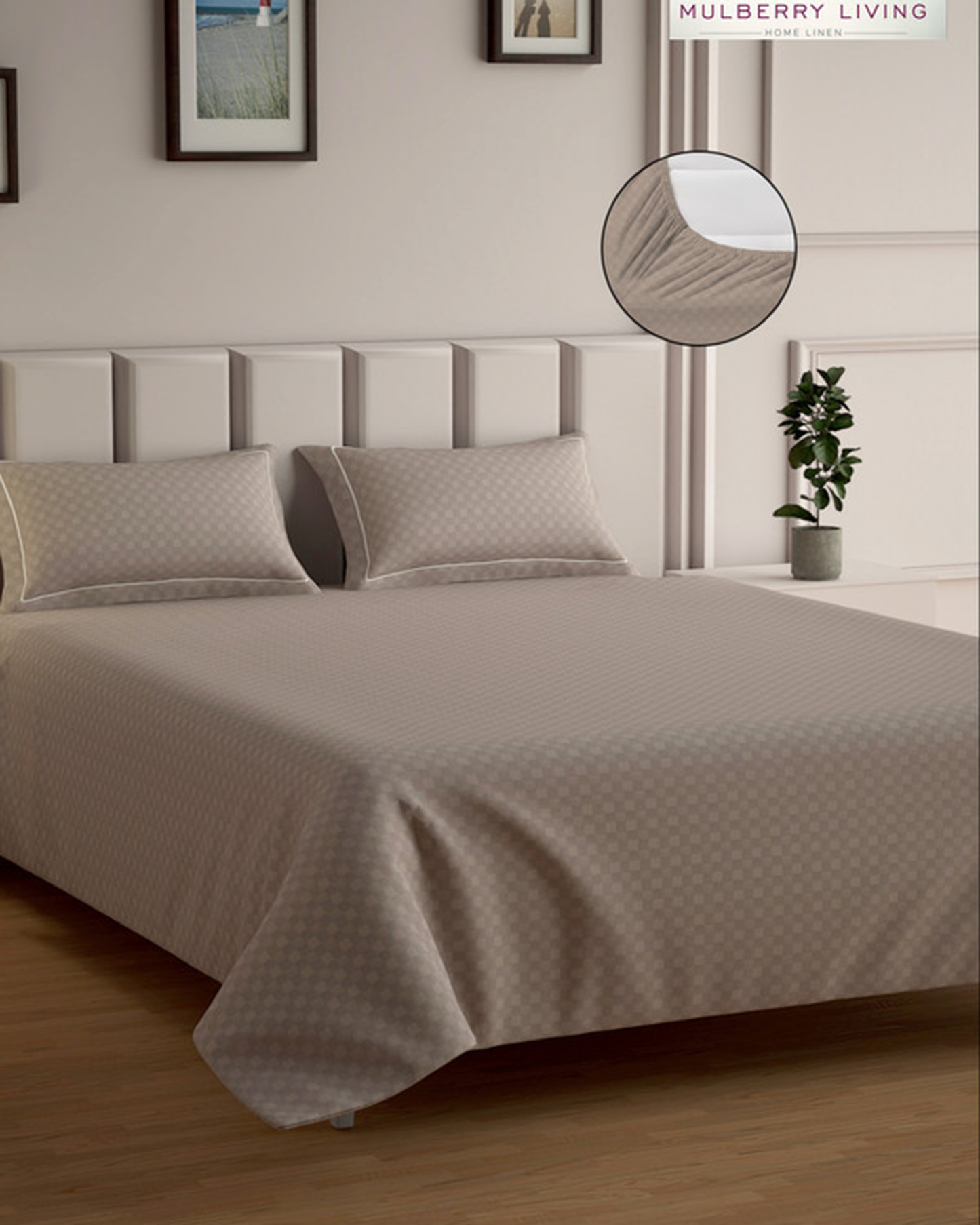 Mulberry Living Cotton Queen Fitted 300TC Urban Grid White
