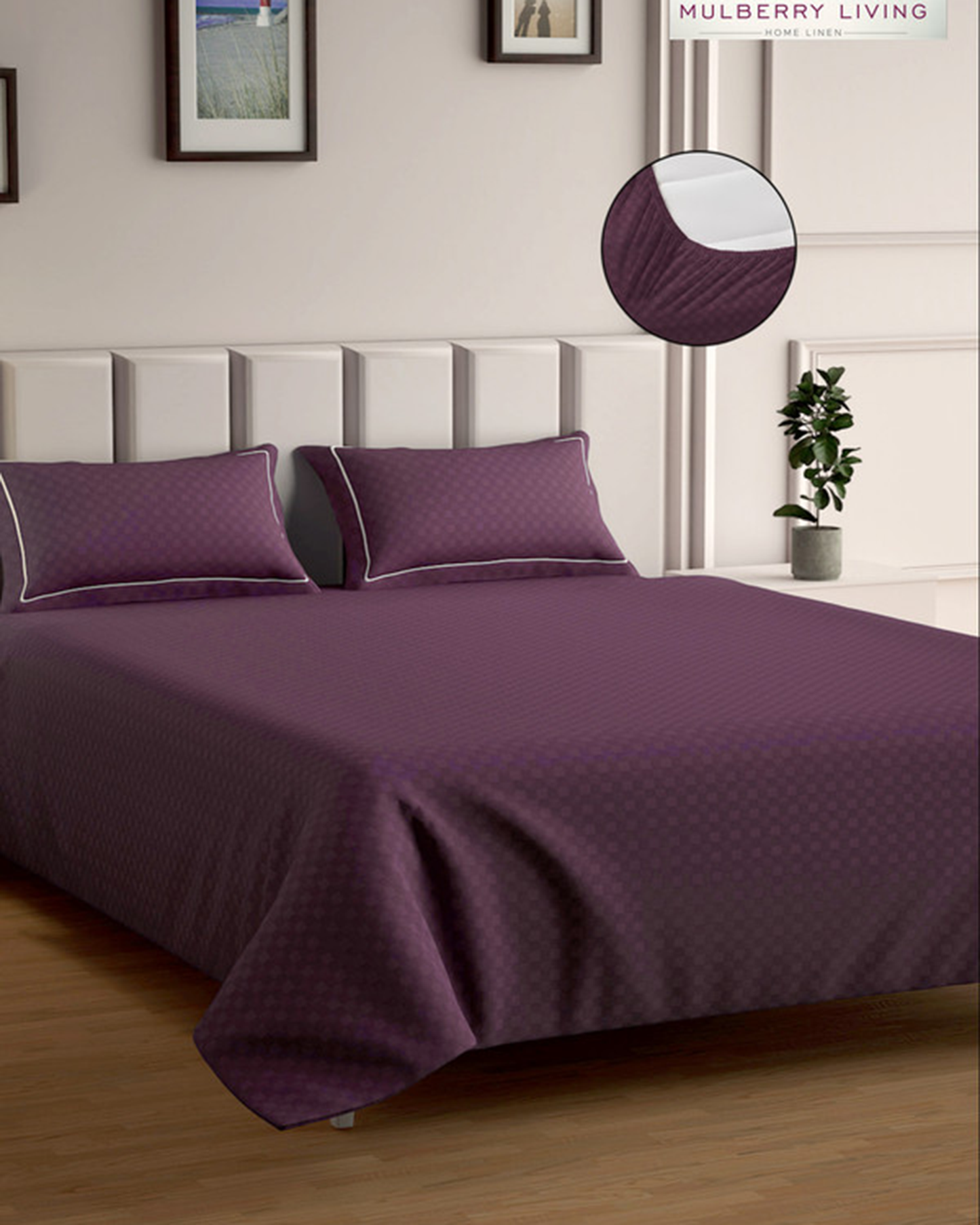Mulberry Living Cotton Queen Fitted 300TC Urban Grid White