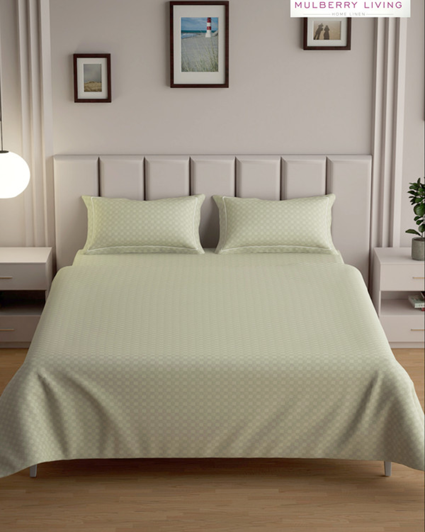 Mulberry Living Cotton Queen Fitted 300TC Urban Grid White