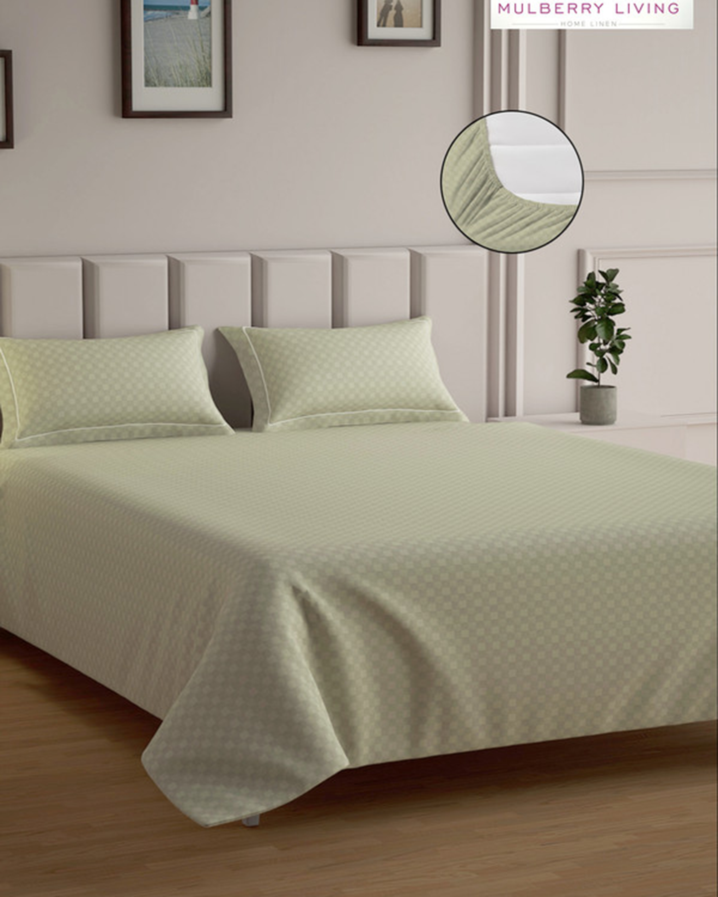 Mulberry Living Cotton Queen Fitted 300TC Urban Grid White