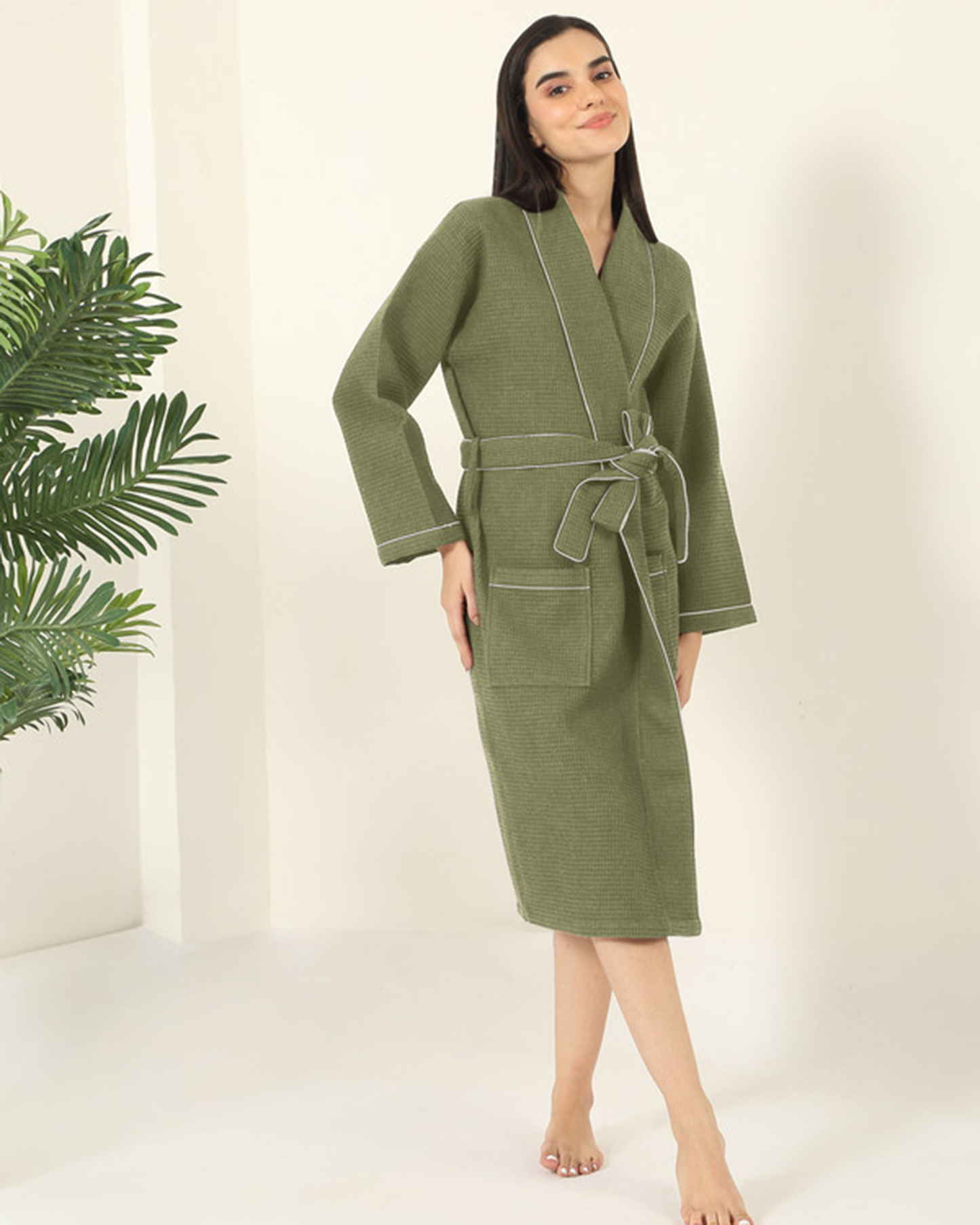 Cotton Bathrobe Waffle Unisex Green