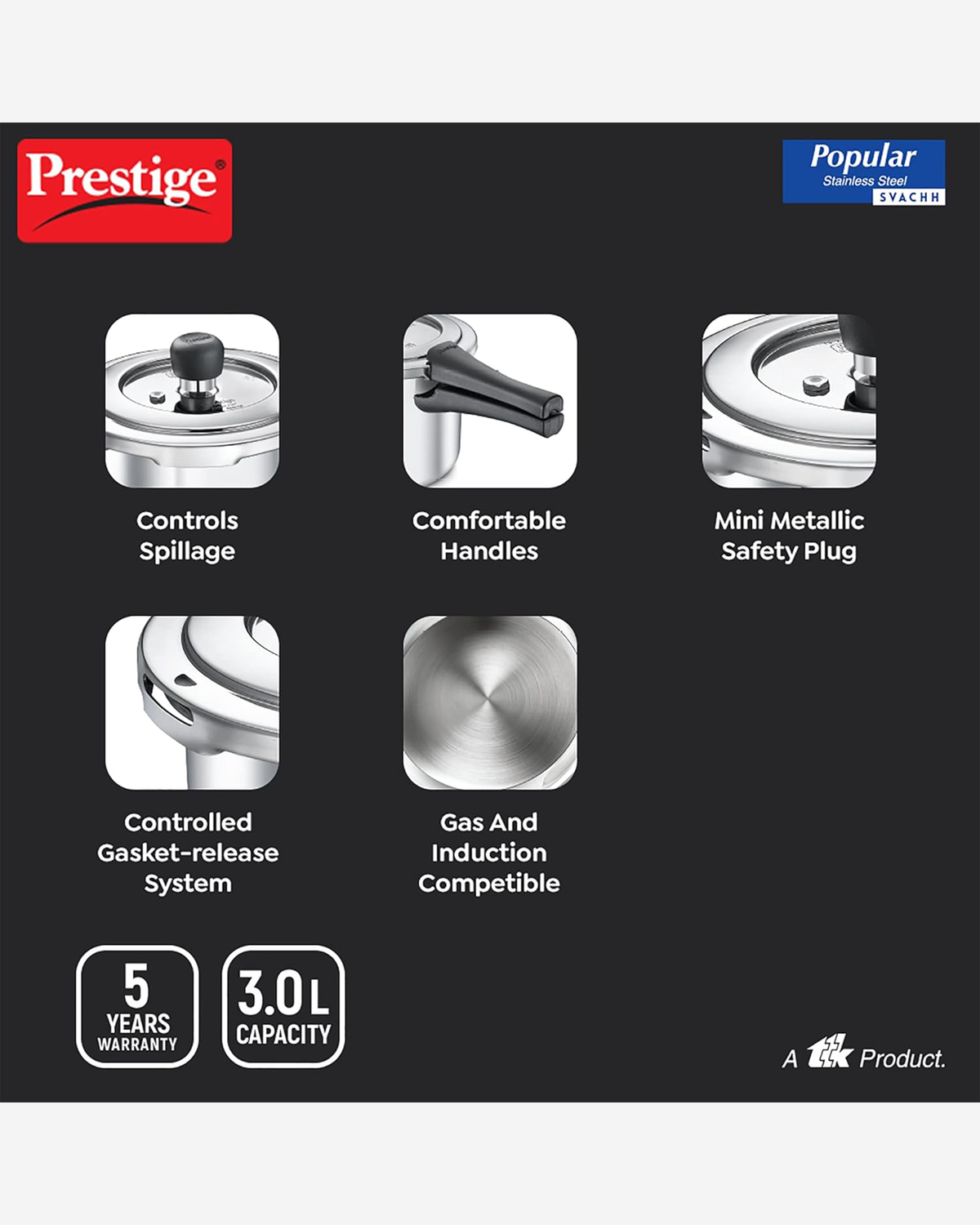 Prestige Popular Svachh Pressure Cooker 1.5L Stainless Steel Outer Lid