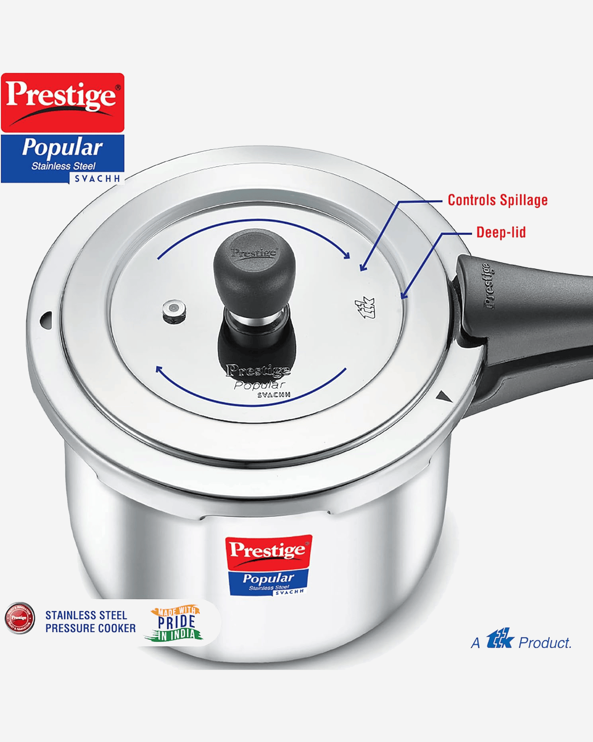 Prestige Popular Svachh Pressure Cooker 5L Stainless Steel Outer Lid