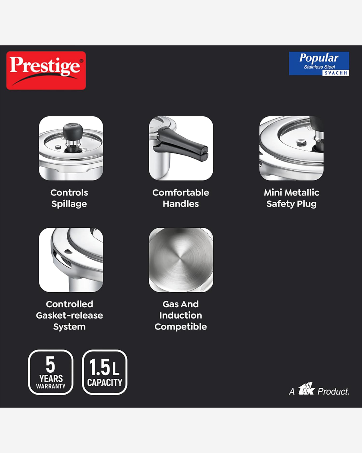 Prestige Svachh Pressure Cooker 5L Tri-Ply Stainless Steel Inner Lid