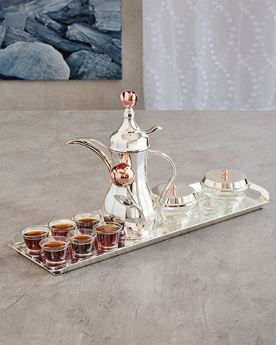 Pantazelos Arabic Coffee Set (Tray+Dallah Thermos With2glasses+Peony Knob & 6 Glasses)