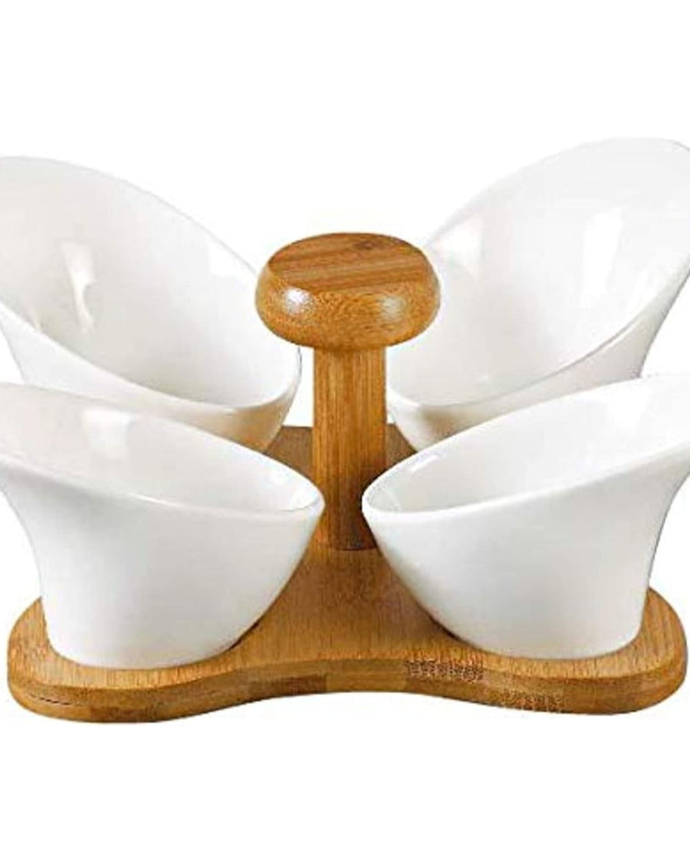 Shallow 4-Compartment Serving Bowls with Bamboo Base, White Porcelain - Elegant Snack and Condiment Server