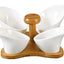 Shallow 4-Compartment Serving Bowls with Bamboo Base, White Porcelain - Elegant Snack and Condiment Server