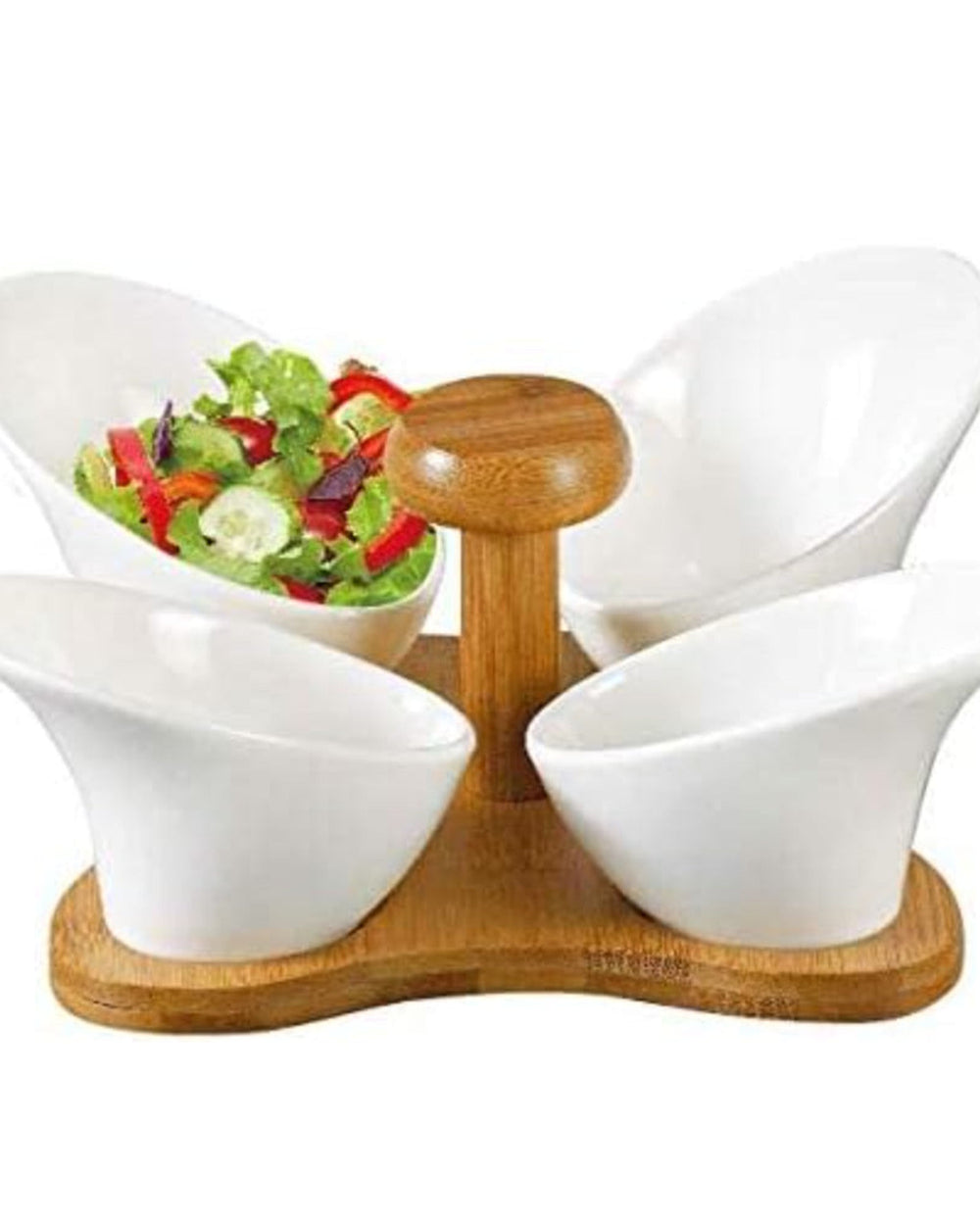 Shallow 4-Compartment Serving Bowls with Bamboo Base, White Porcelain - Elegant Snack and Condiment Server