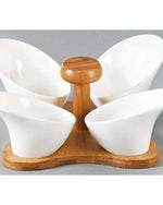 Shallow 4-Compartment Serving Bowls with Bamboo Base, White Porcelain - Elegant Snack and Condiment Server