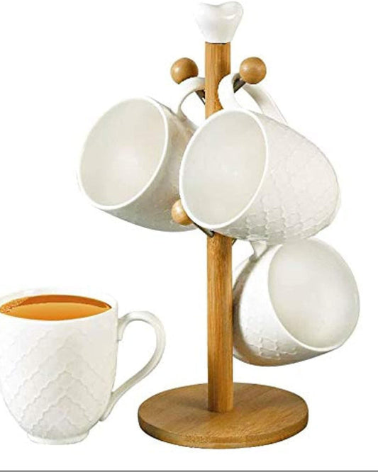 Shallow 4-Piece Mug Set with Bamboo Stand, 330ml, White Porcelain