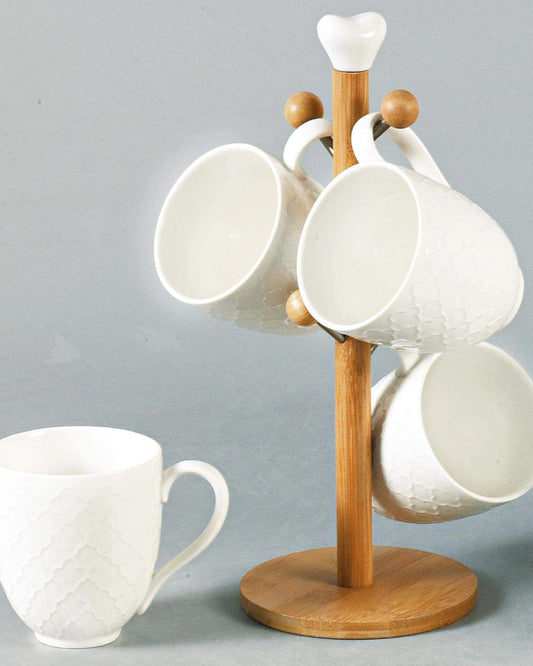 Shallow 4-Piece Mug Set with Bamboo Stand, 330ml, White Porcelain
