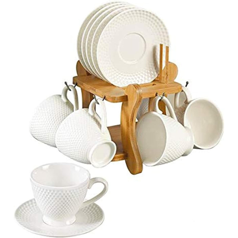 Shallow 12-Piece Porcelain Cups & Saucers Set with Bamboo Stand, 180ml