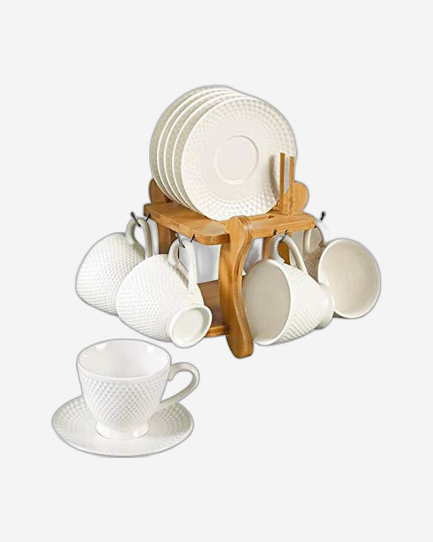 Shallow 12-Piece Porcelain Cups & Saucers Set with Bamboo Stand, 180ml