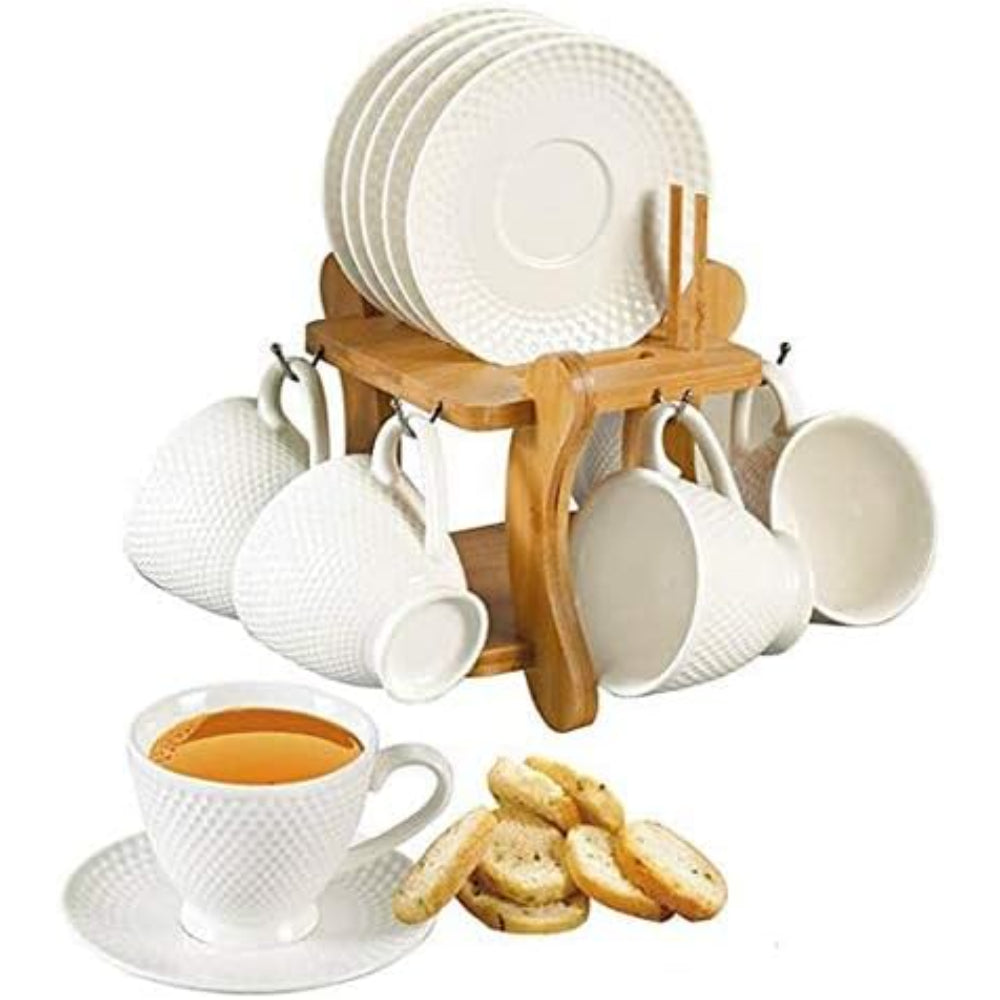 Shallow 12-Piece Porcelain Cups & Saucers Set with Bamboo Stand, 180ml