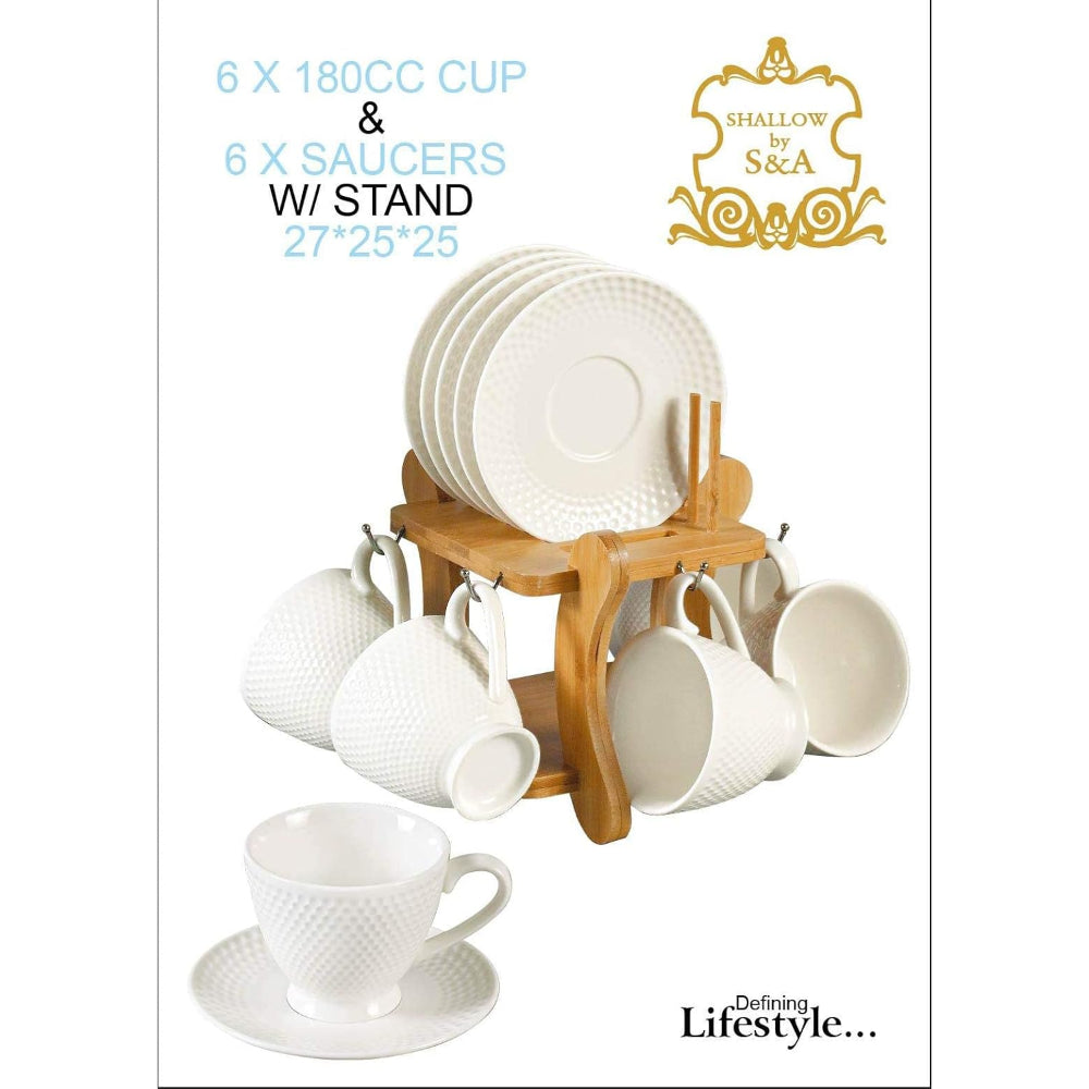 Shallow 12-Piece Porcelain Cups & Saucers Set with Bamboo Stand, 180ml