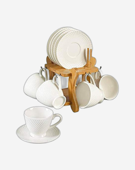 Shallow 12-Piece 90ml Porcelain Cup & Saucer Set with Bamboo Stand – Elegant Tea/Coffee Set