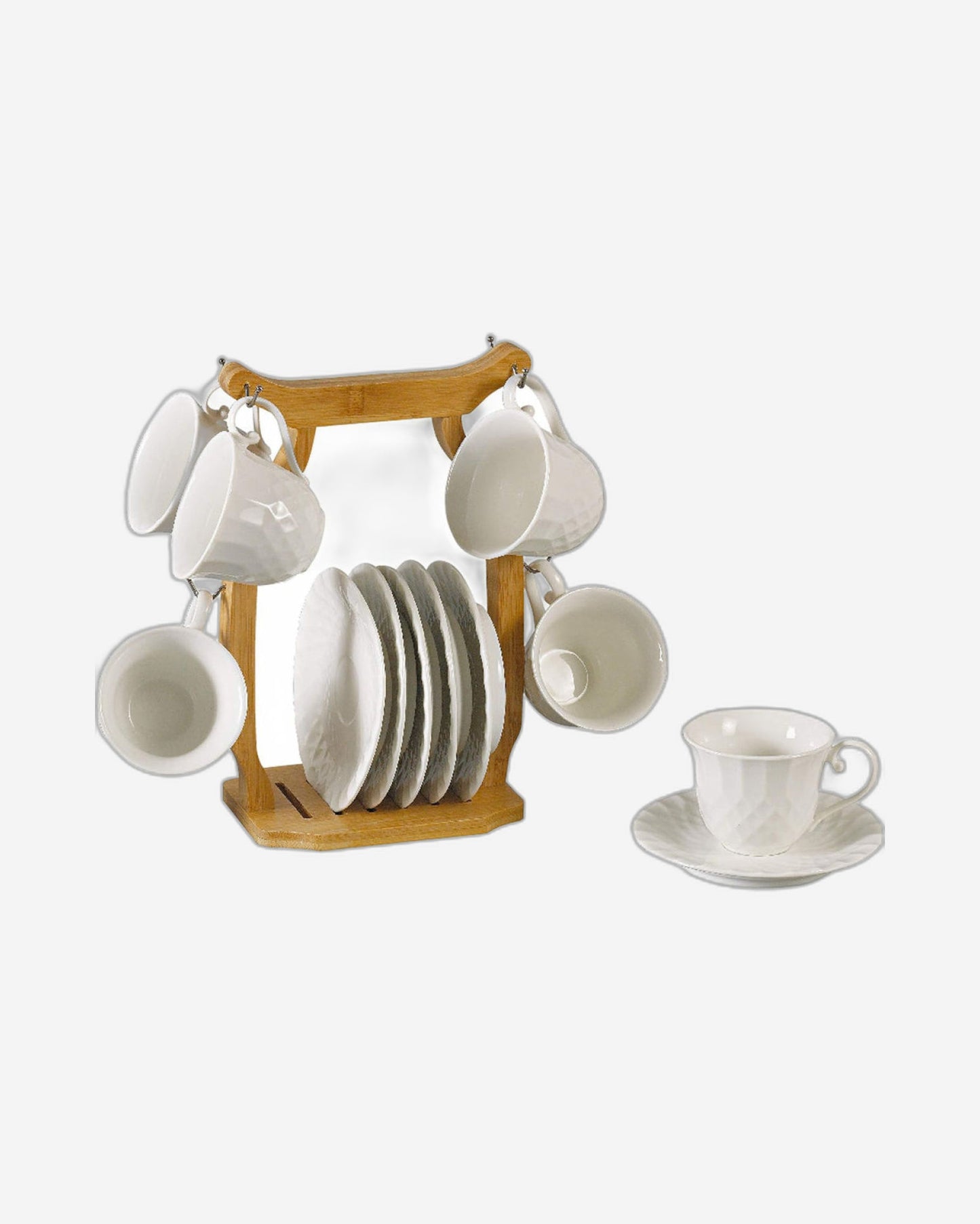 Shallow 12-Piece 180ml Porcelain Cups & Saucers Set with Bamboo Stand – Elegant Tea/Coffee Serving Set
