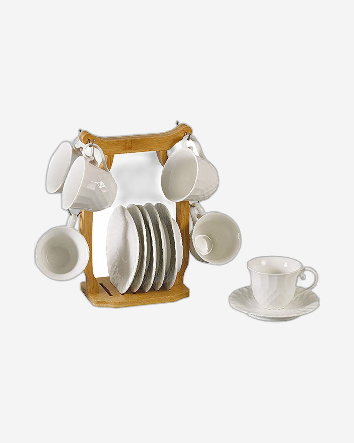 Shallow 12-Piece 90ml Porcelain Cups & Saucers Set with Bamboo Stand – Elegant Tea/Coffee Serving Set