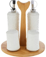 Shallow Porcelain 4-Piece Cruet Set with Bamboo Stand - Salt, Pepper, Oil & Vinegar Dispensers, 17x17x19cm