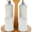 Shallow Porcelain 4-Piece Cruet Set with Bamboo Stand - Salt, Pepper, Oil & Vinegar Dispensers, 17x17x19cm