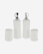 Shallow Porcelain 4-Piece Cruet Set with Bamboo Stand - Salt, Pepper, Oil & Vinegar Dispensers, 17x17x19cm