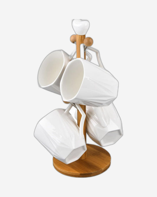 Shallow Mug Tree with 4 Mugs (300ml) & Bamboo Stand - Elegant Mug Holder for Kitchen or Dining Room