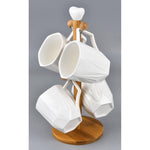 Shallow Mug Tree with 4 Mugs (300ml) & Bamboo Stand - Elegant Mug Holder for Kitchen or Dining Room