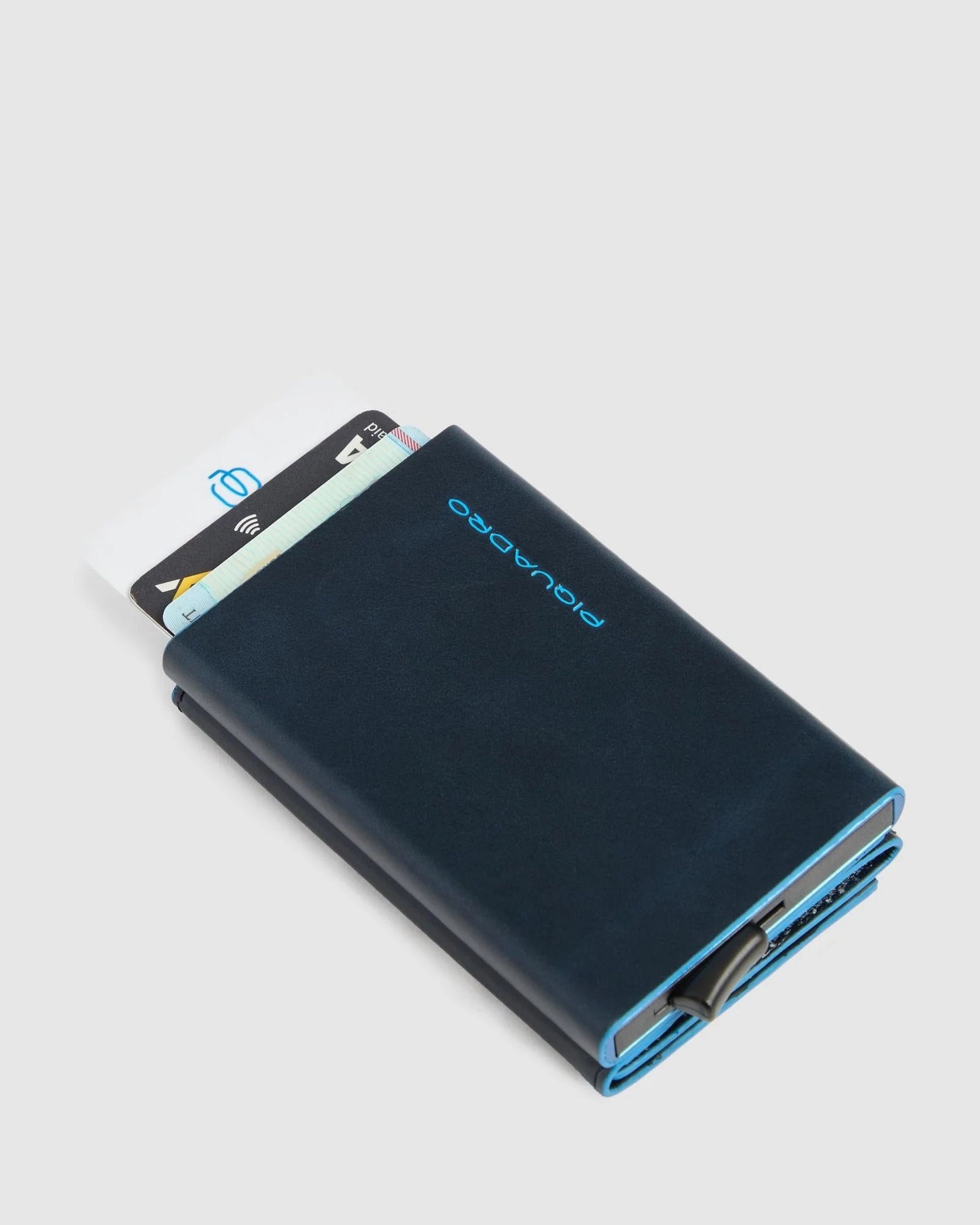 BLUE SQUARE COMPACT WALLET WITH POP-UP CARD HOLDER ZIPPED MONEY POCKET AND RFID PROTECTION BLUE