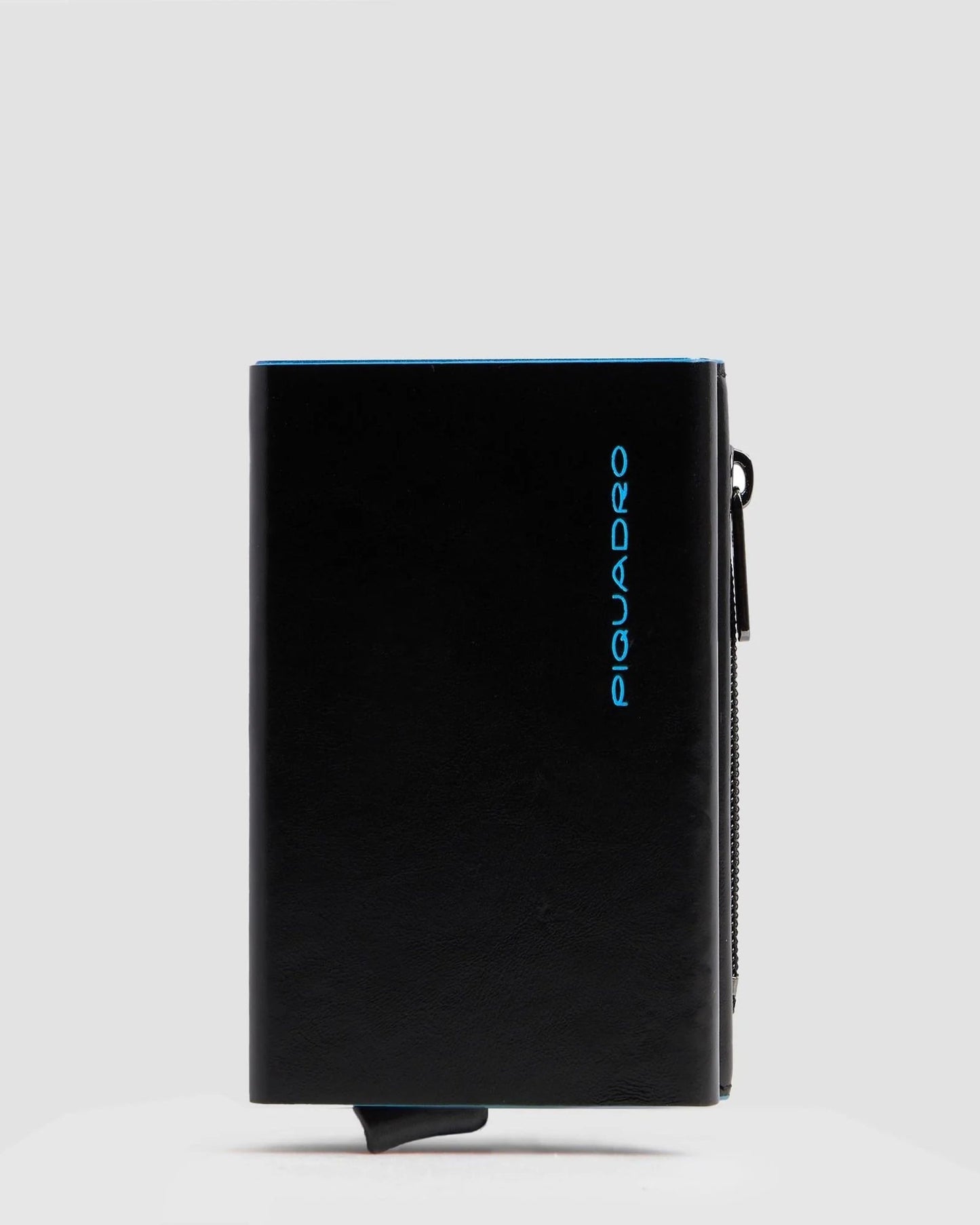 BLUE SQUARE COMPACT WALLET WITH POP-UP CARD HOLDER ZIPPED MONEY POCKET AND RFID PROTECTION BLACK