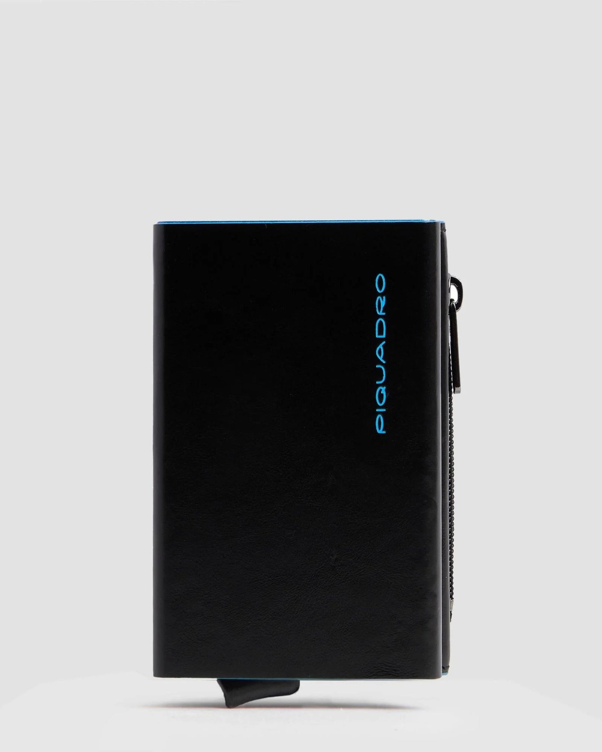 BLUE SQUARE COMPACT WALLET WITH POP-UP CARD HOLDER ZIPPED MONEY POCKET AND RFID PROTECTION BLACK