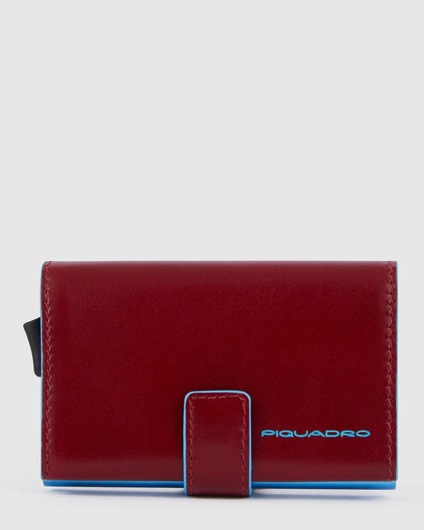 BLUE SQUARE POP-UP CARD HOLDER IN METAL AND LEATHER WITH RFID PROTECTION RED
