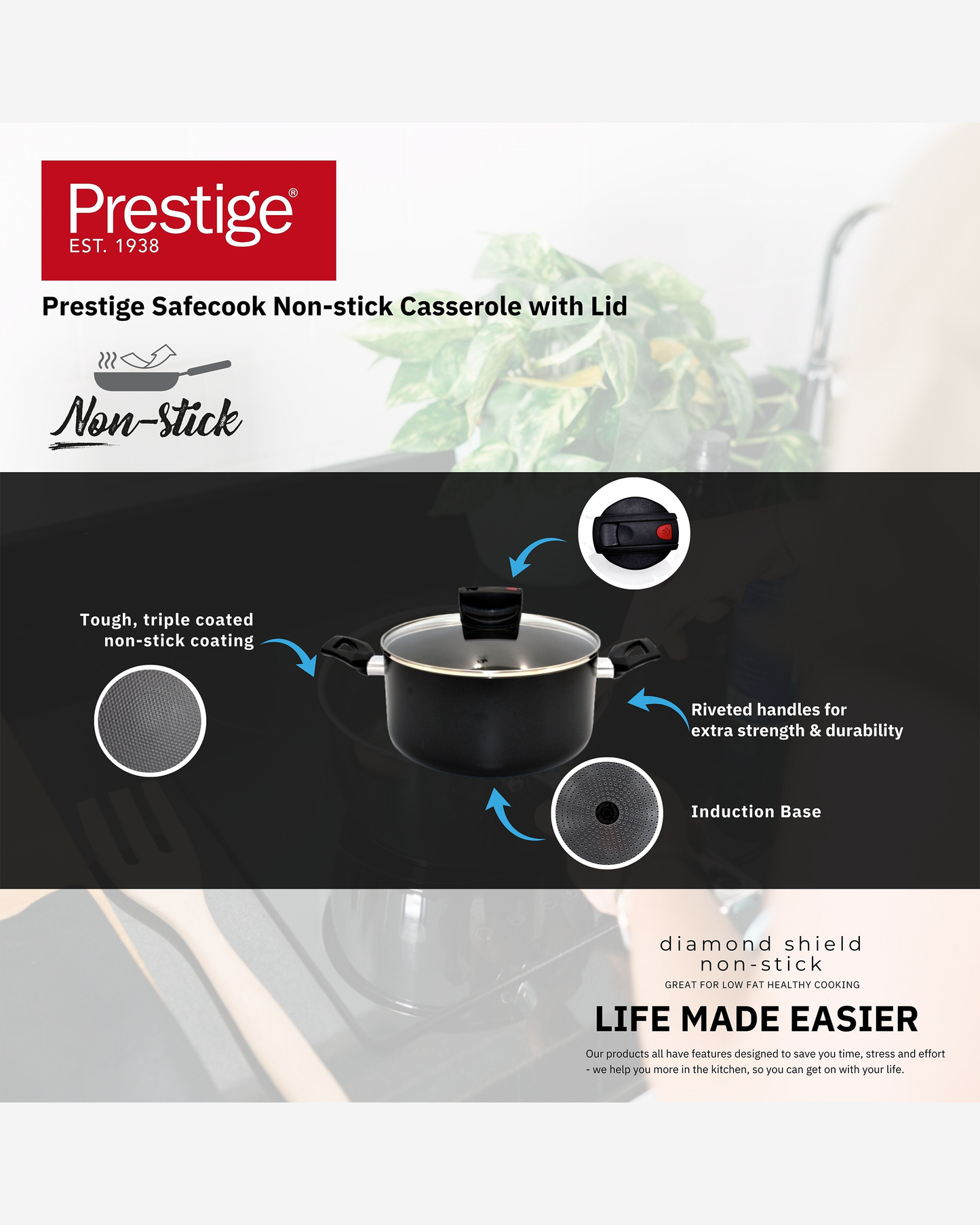 Prestige Cast Iron Sizzler Pan 26cm Pre-Seasoned Black Wooden Base
