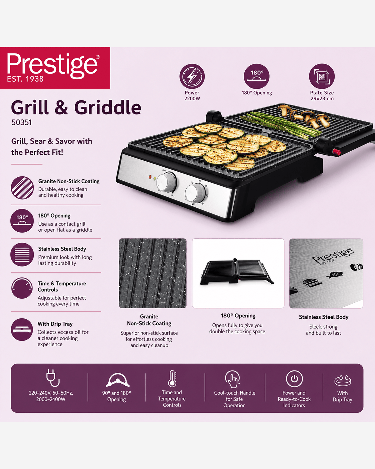 Prestige Grill & Griddle 2200W Granite Non-Stick Coated