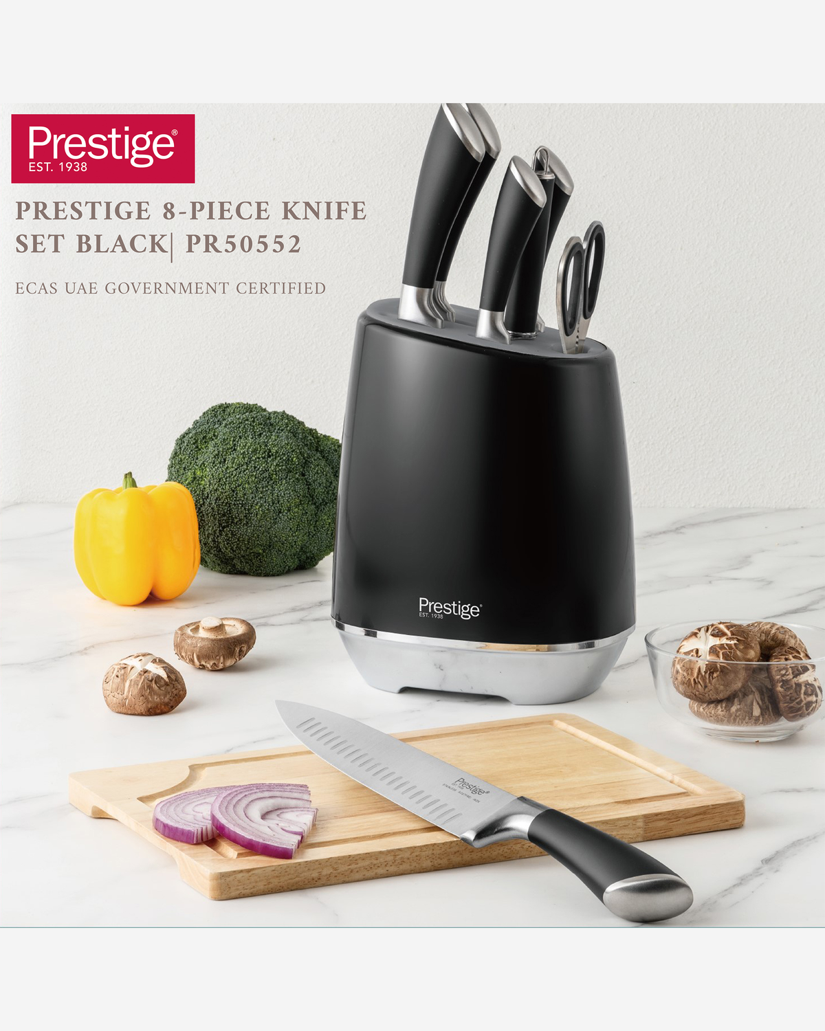 Prestige Knife Block Set 15Pc Stainless Steel with Sharpener