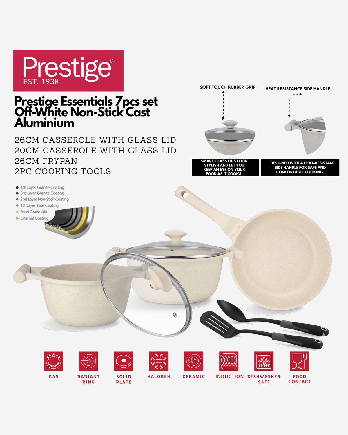 Prestige Essentials Cookware Set 7Pc Granite Off-White Non-Stick Induction Compatible