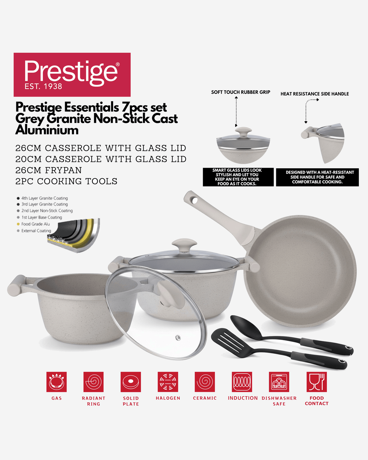 Prestige Essentials Cookware Set 7Pc Granite Grey Non-Stick Induction Compatible