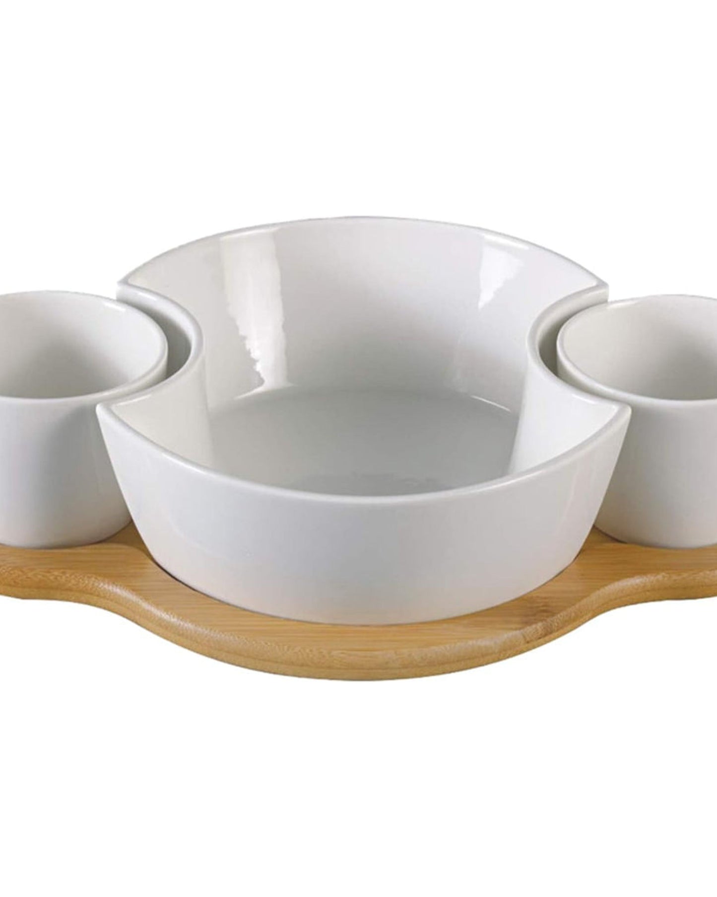 Shallow Porcelain Chip and Dip Set with Bamboo Stand, White/Brown - Elegant Serving Set for Parties and Gatherings