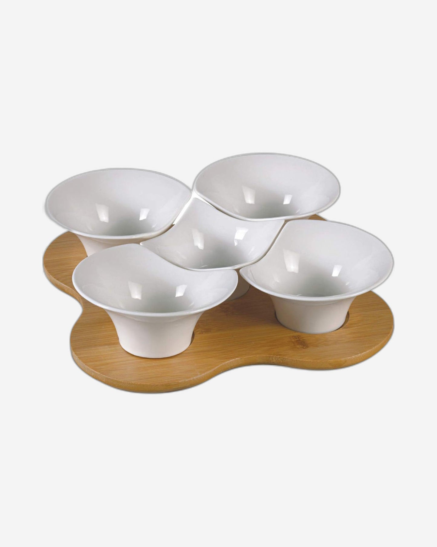 Shallow 5 Compartment Porcelain Serving Dish with Bamboo Stand, White/Brown - Elegant and Functional Serving Tray for Appetizers, Snacks, and More