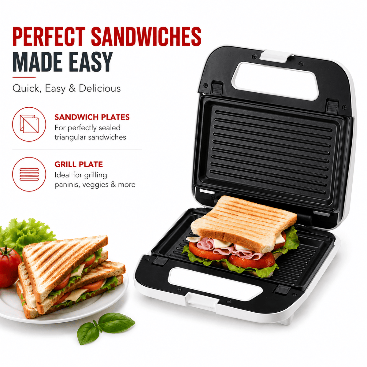 Kenwood Sandwich Maker, 2-in-1 Grill & Non-Stick Plates, White – SMP02.000WH (ESMA Certified)