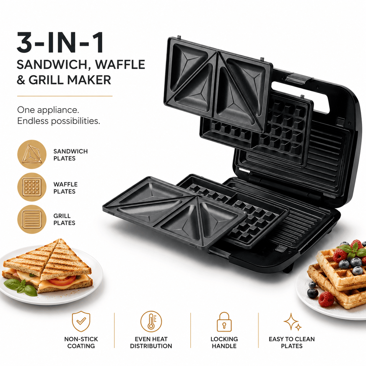 Kenwood Sandwich Maker, 3-in-1 & Removable Non-Stick Plates, Silver/Black – SMM02.000SI (ESMA Certified)
