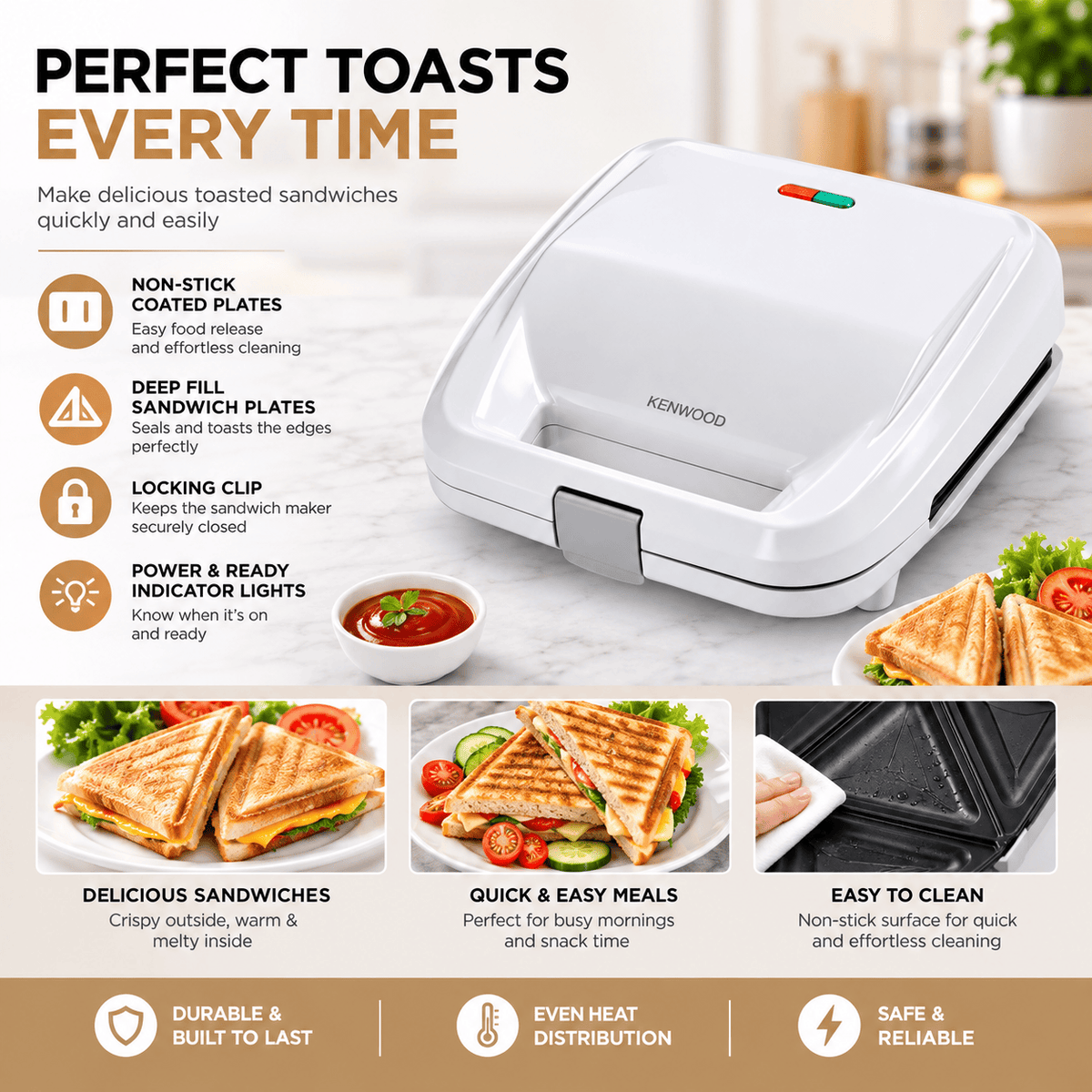 Kenwood Sandwich Maker, 2-in-1 Grill & Non-Stick Plates, White – SMP02.000WH (ESMA Certified)