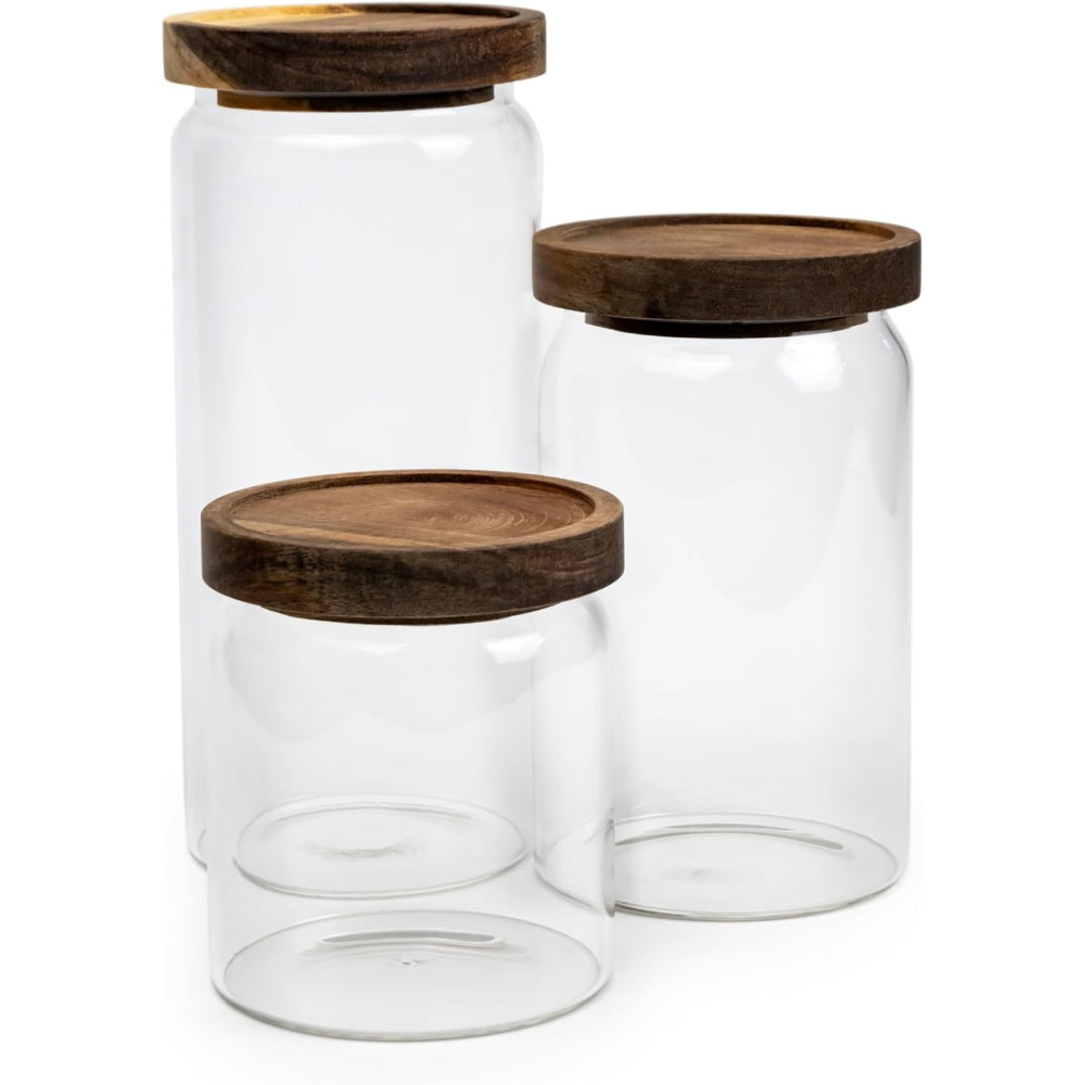 Cuisine Art Round Glass Storage Jars with Acacia Wood Lids -Set of 3 Transparent Borosilicate Airtight Glass Container, Stackable for Storing Kitchen Food, Grains, Coffee Beans, Tea 500+750+1000ml