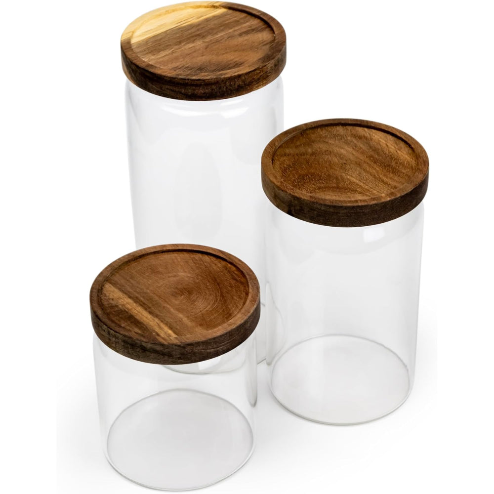 Cuisine Art Round Glass Storage Jars with Acacia Wood Lids -Set of 3 Transparent Borosilicate Airtight Glass Container, Stackable for Storing Kitchen Food, Grains, Coffee Beans, Tea 500+750+1000ml